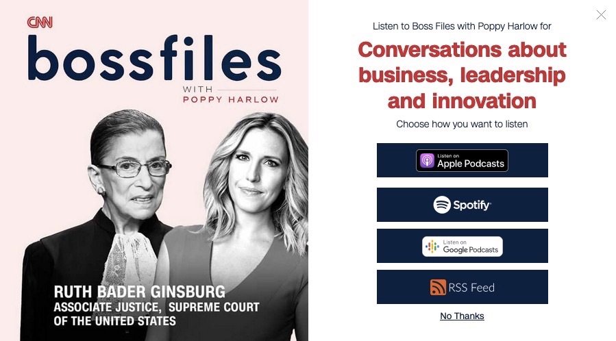 cnn modal showcasing an add about ruth bader ginsburg, and promoting their podcast on varoius platforms.