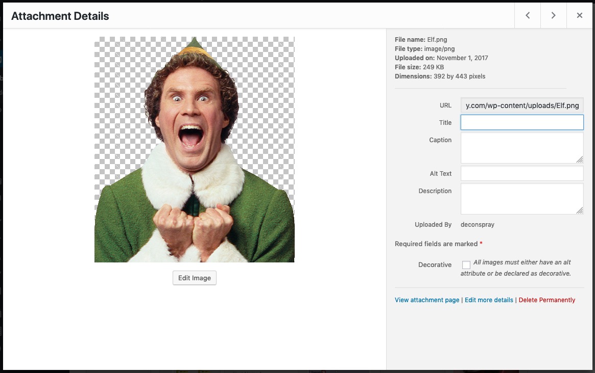 wordpress's media manager modal dialog containing varoius buttons and form fields to provide alt text and other meta information to an image. Image currently being edited is of Will Ferrell as the character he played in Elf, yelling.