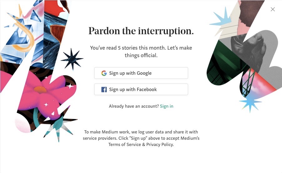 Medium's modal pompting sign in via social account, or link, with decorative graphics and explanatory content after the sign in links and buttons