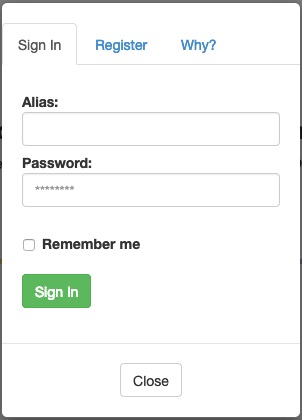 a modl containing a tab widget that would allow someone to sign in, register, and 'why?' to the website. the inital focus moving past the tabs and focusing the alias text field